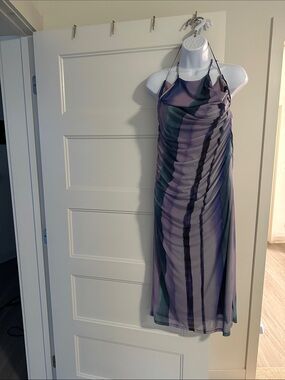 Zara Strappy Ruched Midi Dress in Lavender and Teal